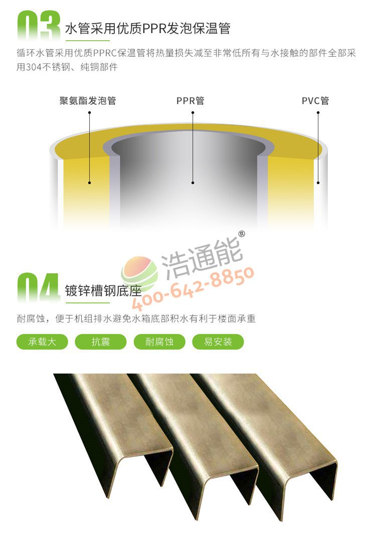 美的商用空气源热泵一体机10匹10吨/8吨优质PPR发泡保温管及镀锌槽钢