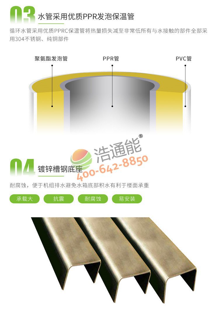 美的商用空气能热泵一体机3匹3吨/2吨优质PPR发泡保温管及镀锌槽钢